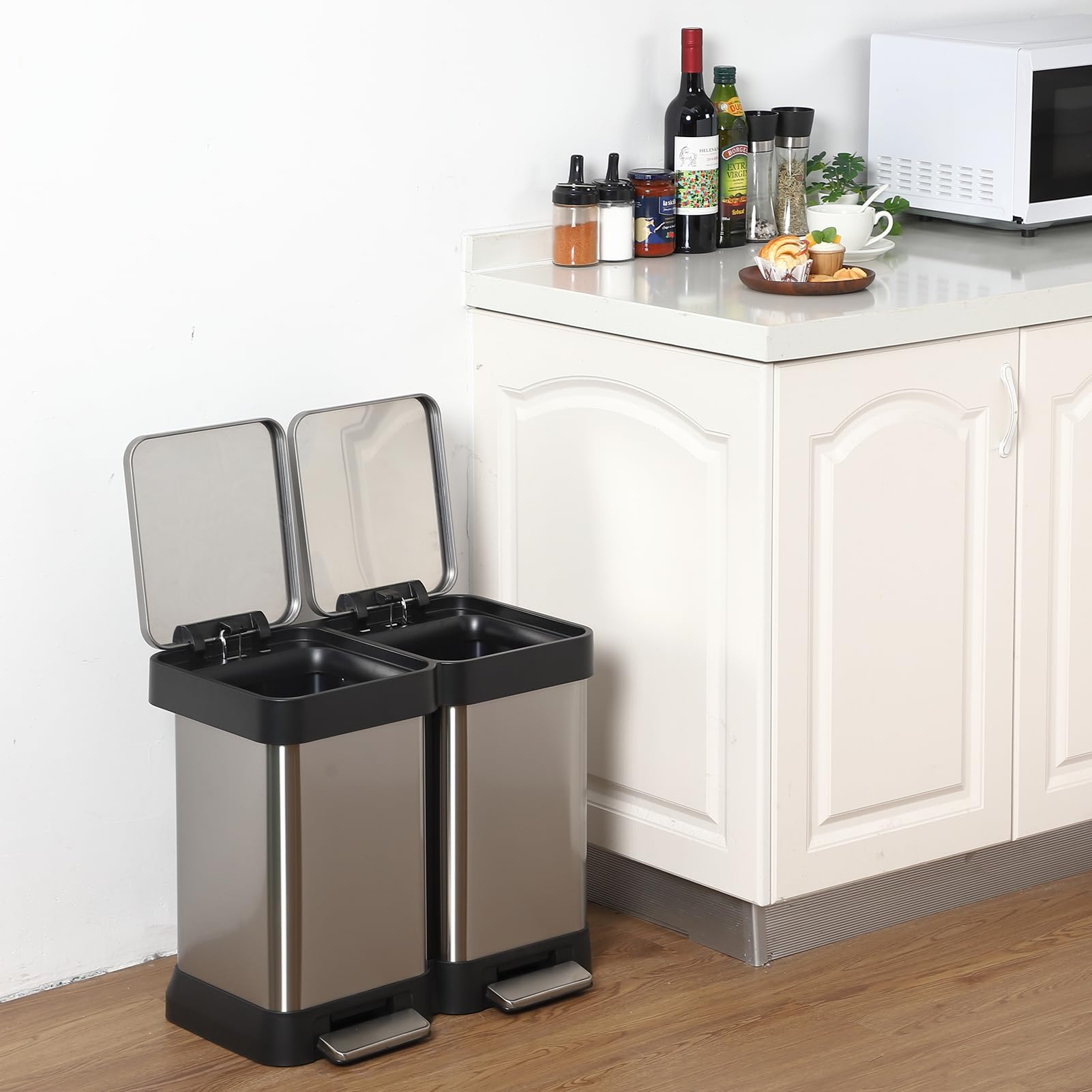 Doppelkammer Küchen Abfalleimer 20L+20L – Edelstahl, Fingerabdruckresistent, Soft-Close-Deckel & Fußpedal – Mülltrennung ohne Inneneimer, für Küche, Büro & Haushalt – Edelstahl Originalfarbe
