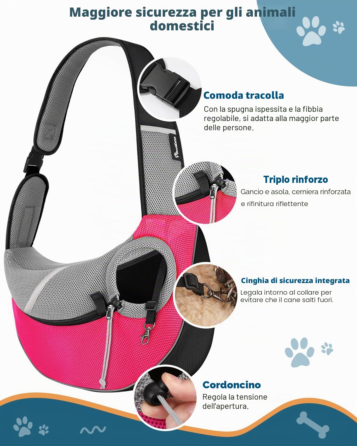 Pawaboo Trasportino per cani, Borsa Crossbody per Cani con Tasca Tattile Regolabile e Cerniera, Zaino a Rete Traspirante a Mani Libere per Cuccioli per Viaggi, Rosa, Grande