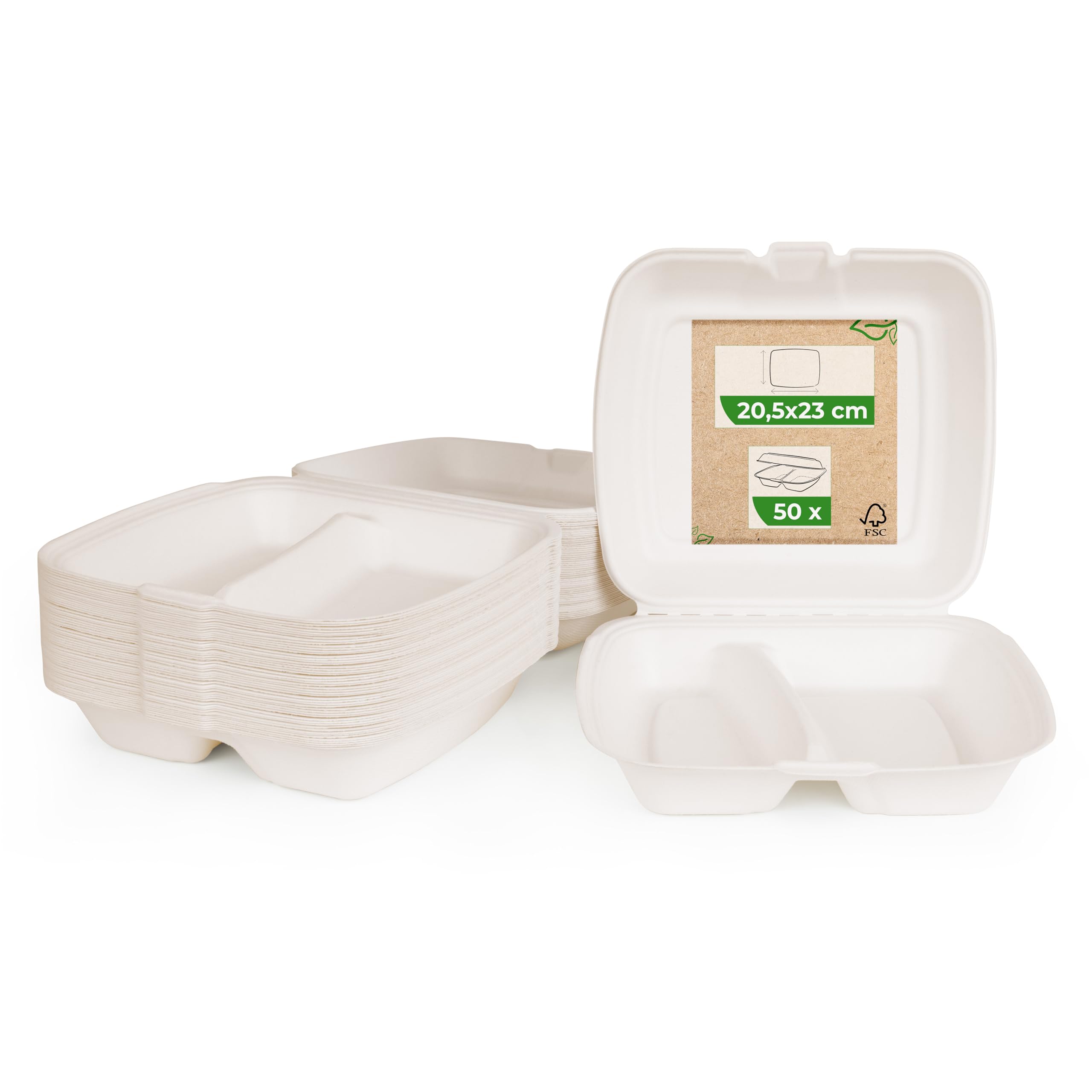 Love Nature Caja de menú ecológica desechable 2 dividida 50 piezas - vajilla desechable caña de azúcar - embalaje para llevar
