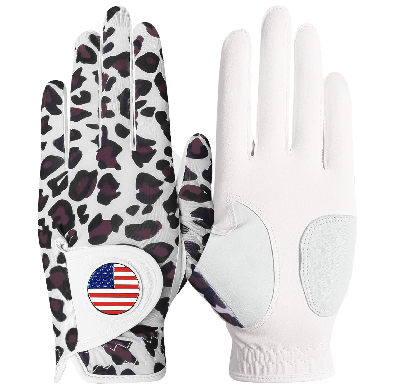 Amy Sport Womens Golf Glove with Ball Marker Rain Left Right Hand Leather Printed Pack, Ladies Golf Gloves All Weather Grip Breathable Soft Size Small