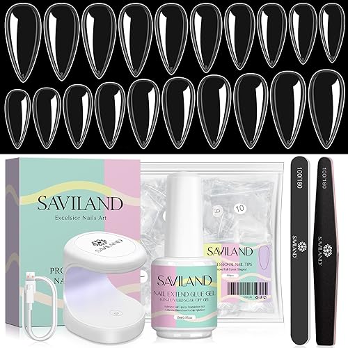 Miniatura 1 de SAVILAND Gel X Kit de uñas almendra, kit de extensión de uñas, 500 puntas de uñas preformadas con gel 6 en 1, pegamento de uñas, gel de manicura U