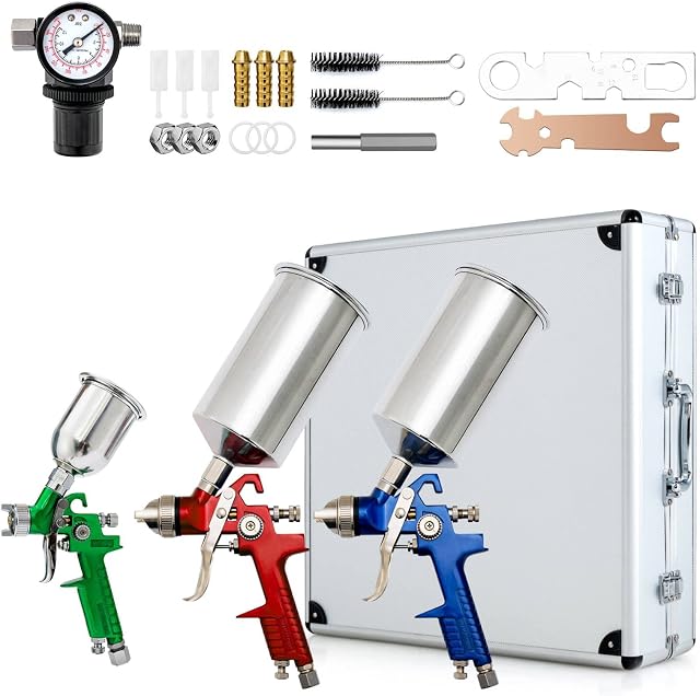 TANGZON 3 Set HVLP Gravity Feed Air Spray Gun Kit, Auto Repair Paint Sprayer Airbrush Painting Tool Kit with 3 Size Copper Nozzles & Carrying Case, Mini Manual Spray Set for Vehicles Furniture Coating