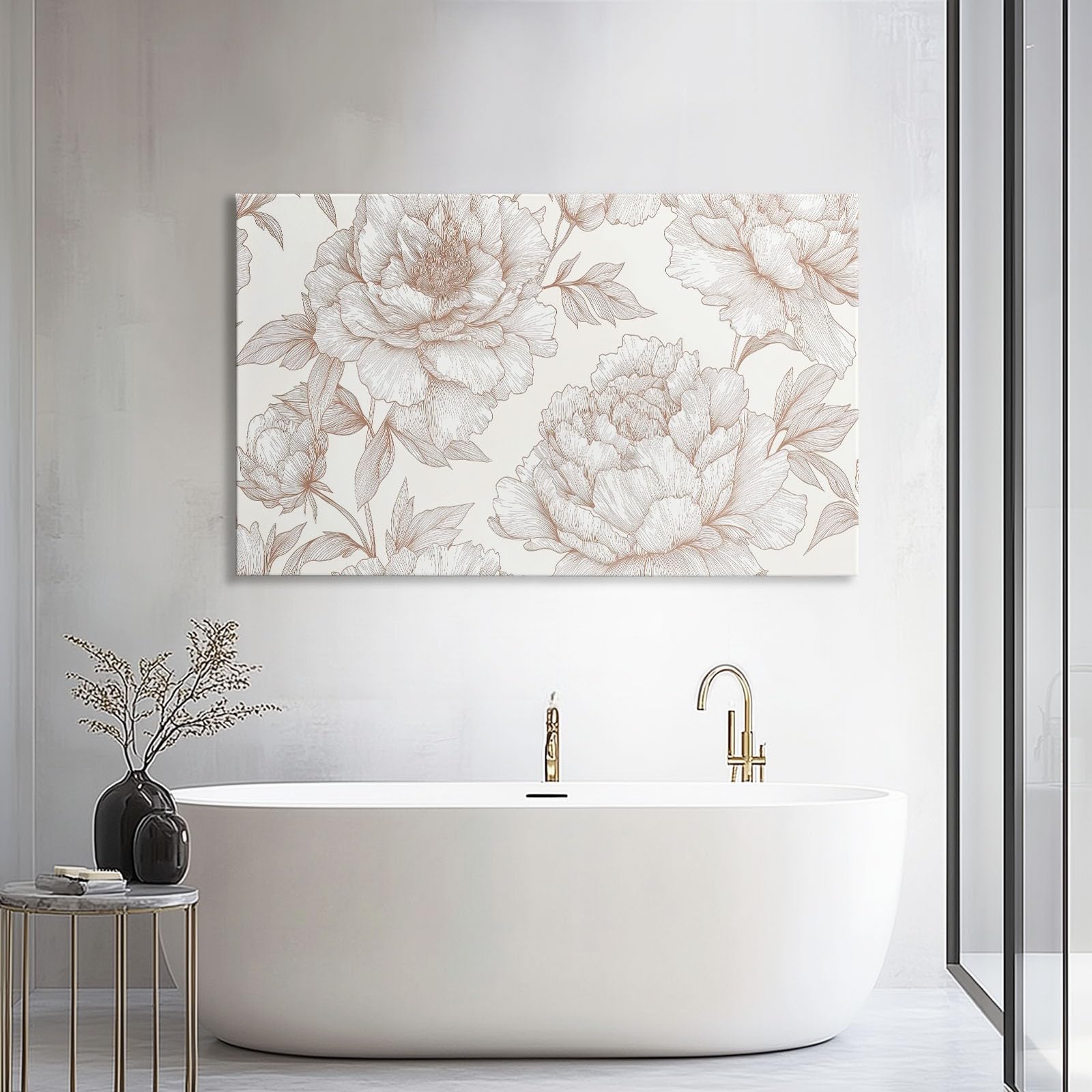 Generisch Handgezeichnet Blumen Pfingstrose Modernes Leinwandbild 120L x 60B cm mit Rahmen, Vintage XXL Wanddeko für Wohnzimmer Geschenk Idee Einzug - Hochwertiger Kunstdruck auf Holzrahmen