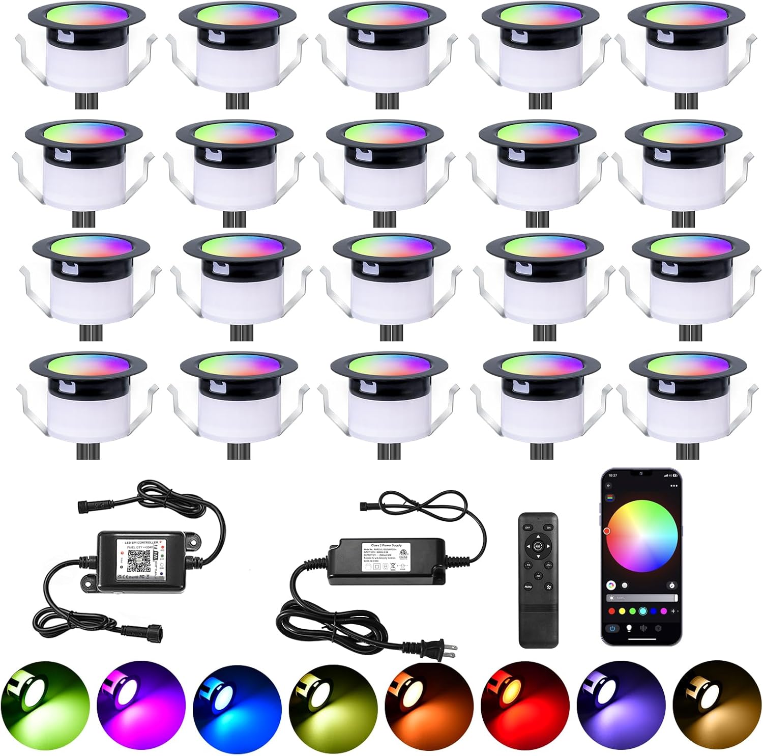 Deck Light RGBW 20 Pack, Φ1.22 Inches RGB/Warm White Light WiFi Control, LED Step Lights Kit Low Voltage DC12V, IP67 Waterproof Deck Lights for Stairs with Remote Control