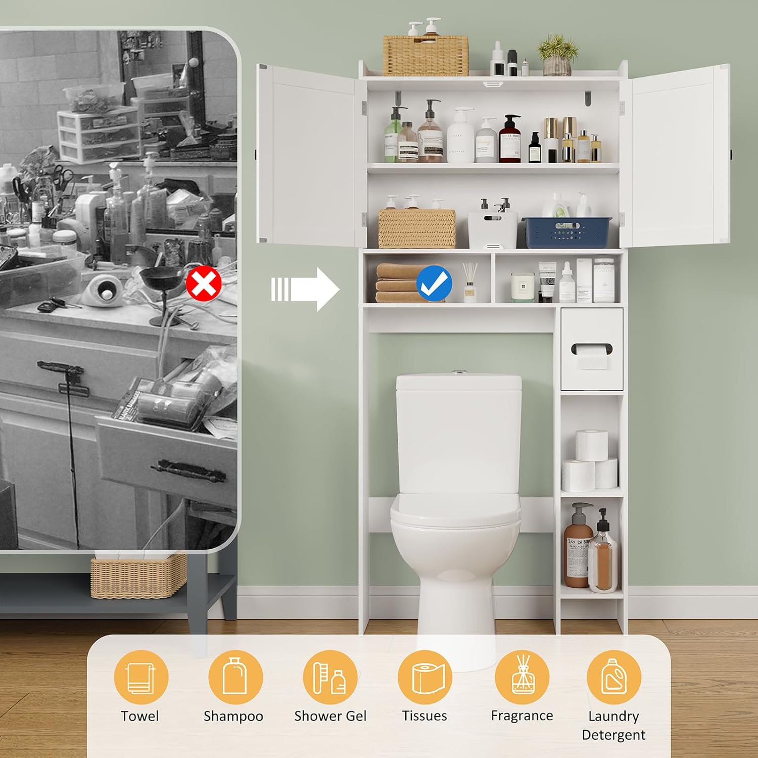 RRX Over The Toilet Storage Cabinet, Bathroom Toilet Paper Holder Stand,30.7" L x 7.87 "W x 65.7 "H Freestanding Toilet Shelf Space Saver for Bathroom,Laundry(Milky White)