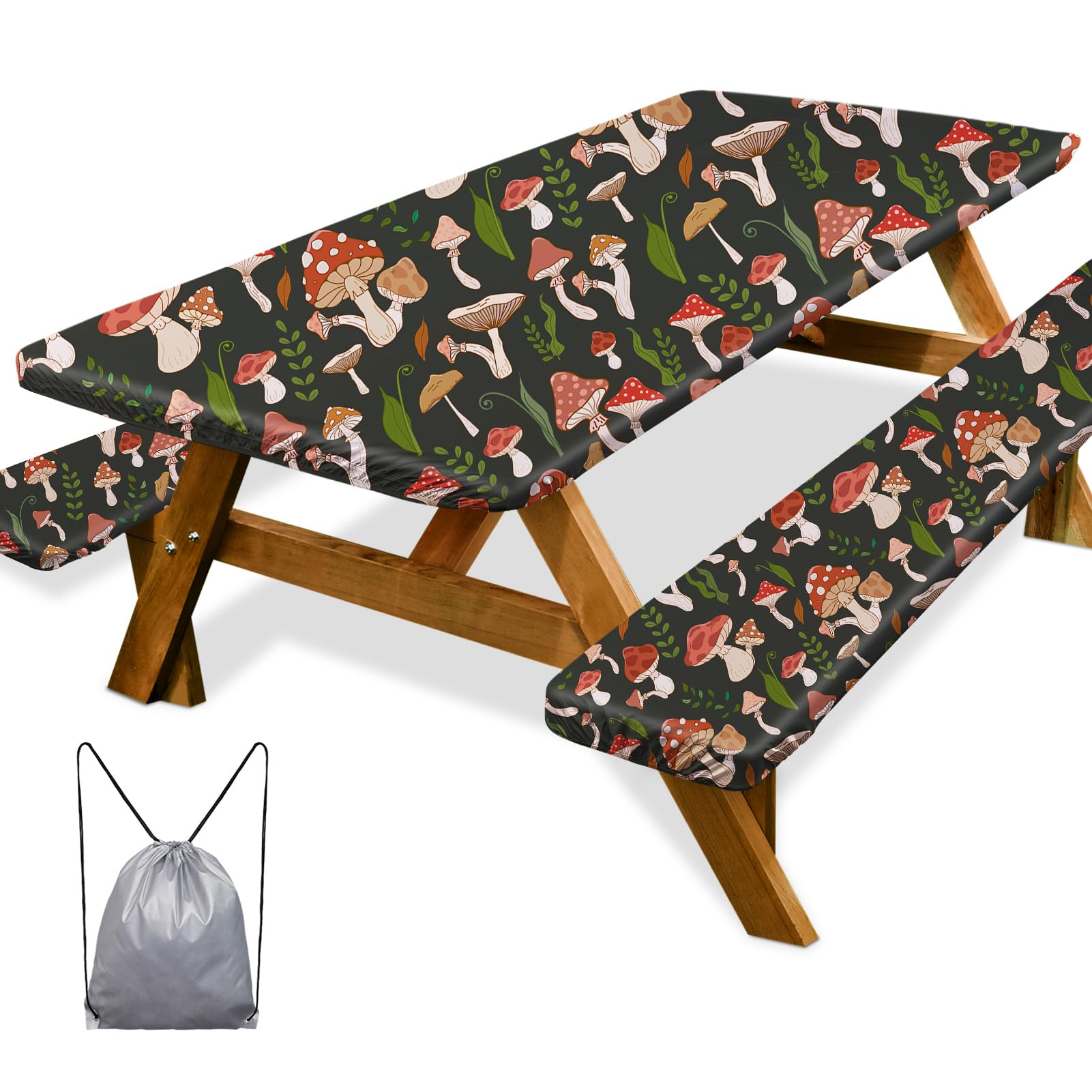 ICOSYPicnic Table Cover with Bench Covers and Storage Bags, Windproof Camping Picnic Table Cloths 30" x 72", Waterproof Elastic Fitted Table Cloth for Camping Party Supplies