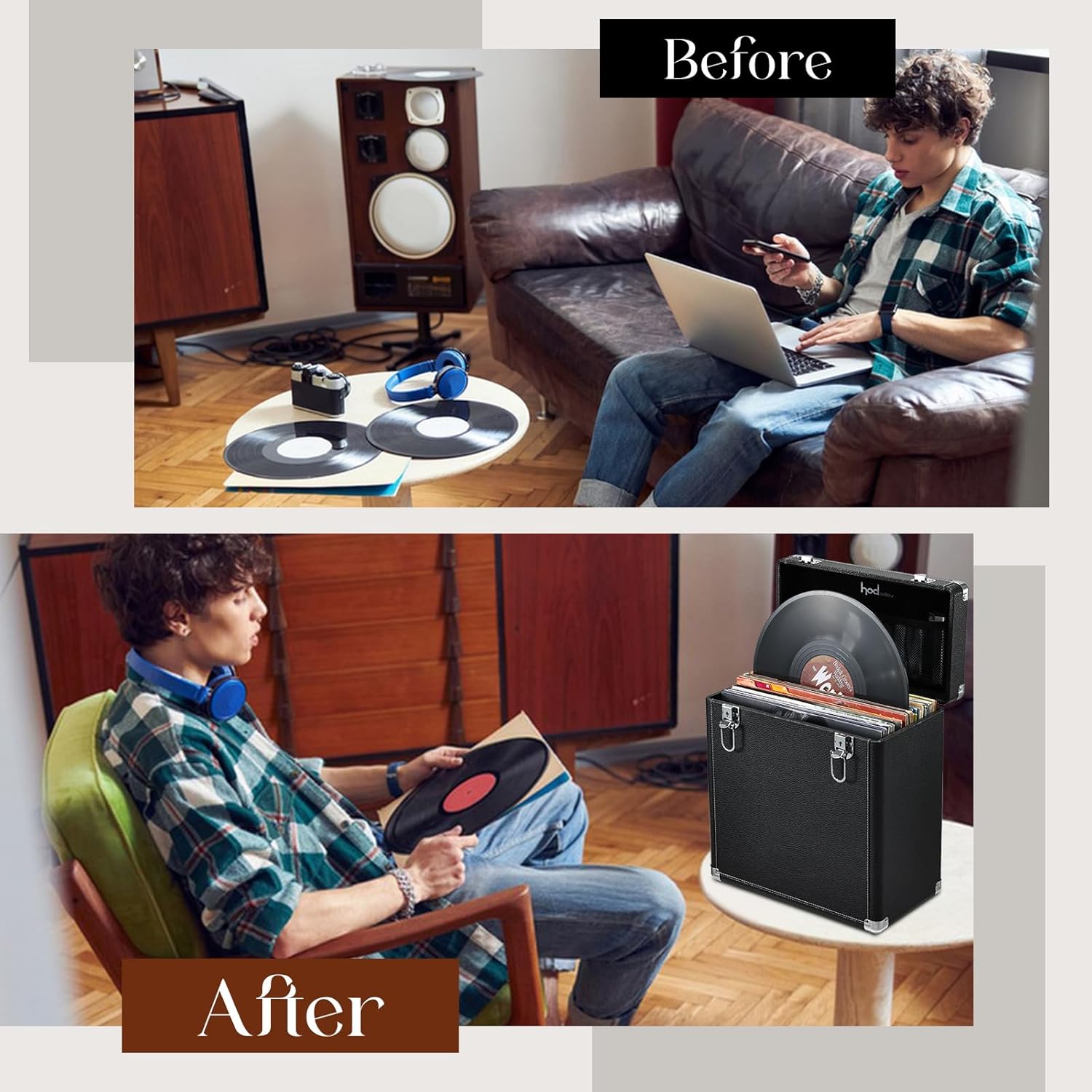 Hododou Vinyl Record Storage Box with Lock Record Organizer Storage for 30+ Single Records 12-inch Water Resistant Collapsible Storage Crate with Lid Handle Mesh Pouch for Valuable Album Collection