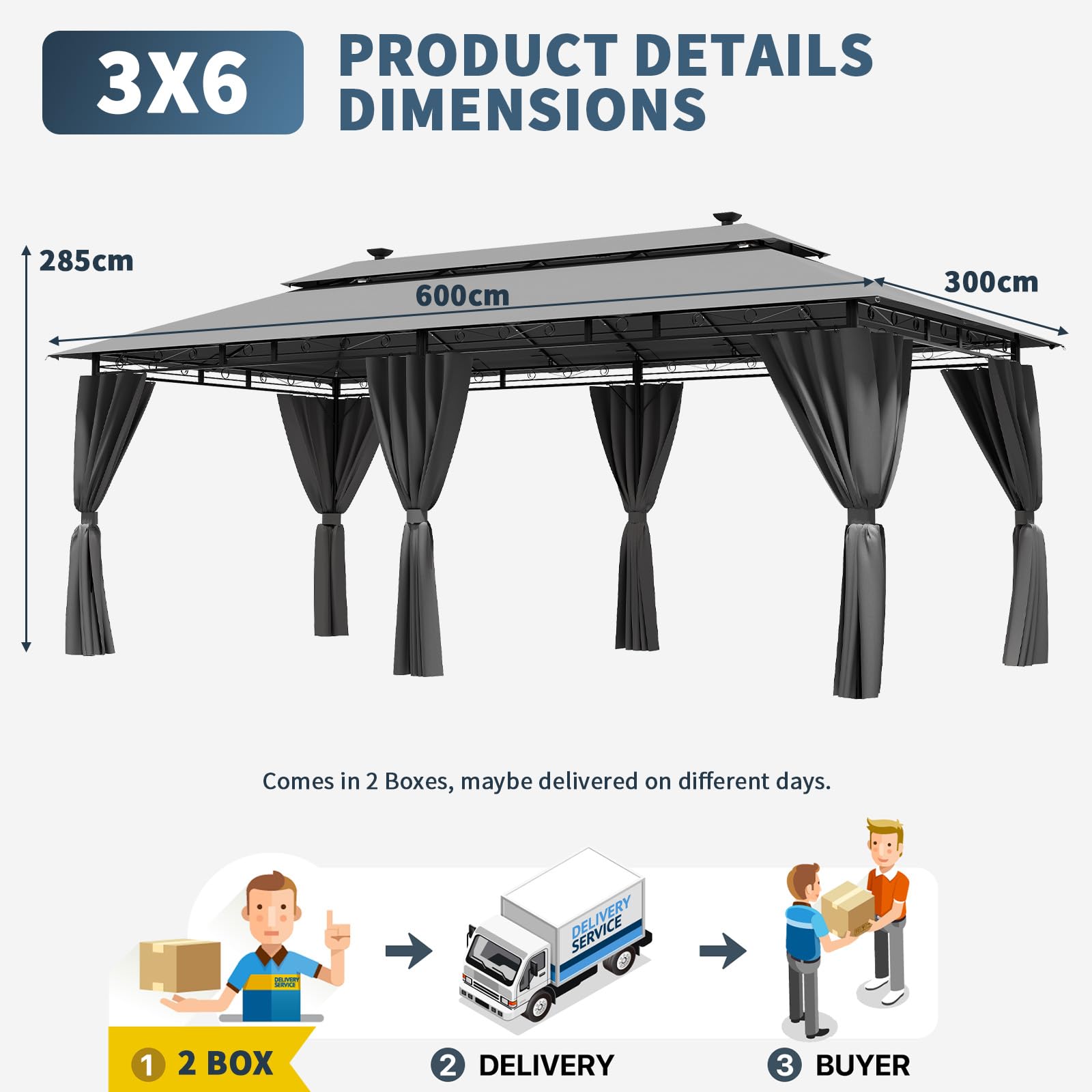 JUMMICO Tonnelle de Jardin 3x6 avec Éclairage Solaire, Toit Double Couche, Structure Métallique Robuste, Résistant au Vent, à la Pluie et aux UV, Abri pour Fêtes et Réceptions de 6 à 10 Personnes Gris