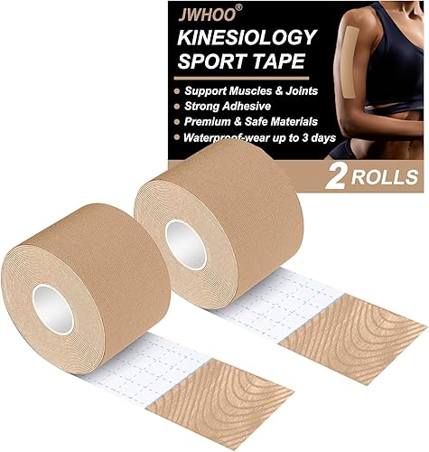 Cinta de kinesiología (2 rollos), tiras de cinta atlética, cinta muscular deportiva, 16 pies, sin látex, autoadhesiva y sin residuos pegajosos,