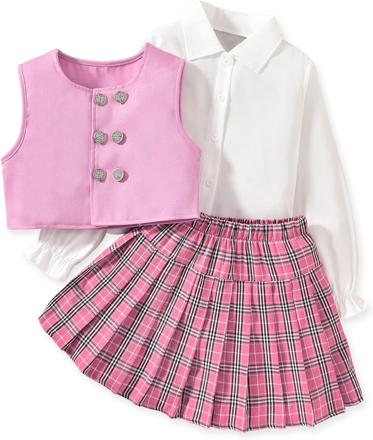Girls Button Down Vest Long Sleeve Shirt Plaid Pleated Skirt Set Size 6-12