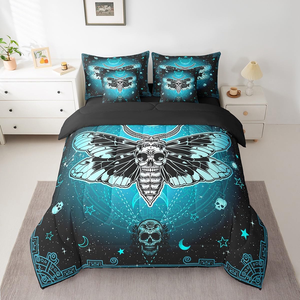 Feelyou Death Moth Comforter Set with Sheets Full Size Boho Moth Bed in a Bag Skull Decor 7 Pieces Bedding Set Gothic Bed in a Bag Room Decor Bohemian