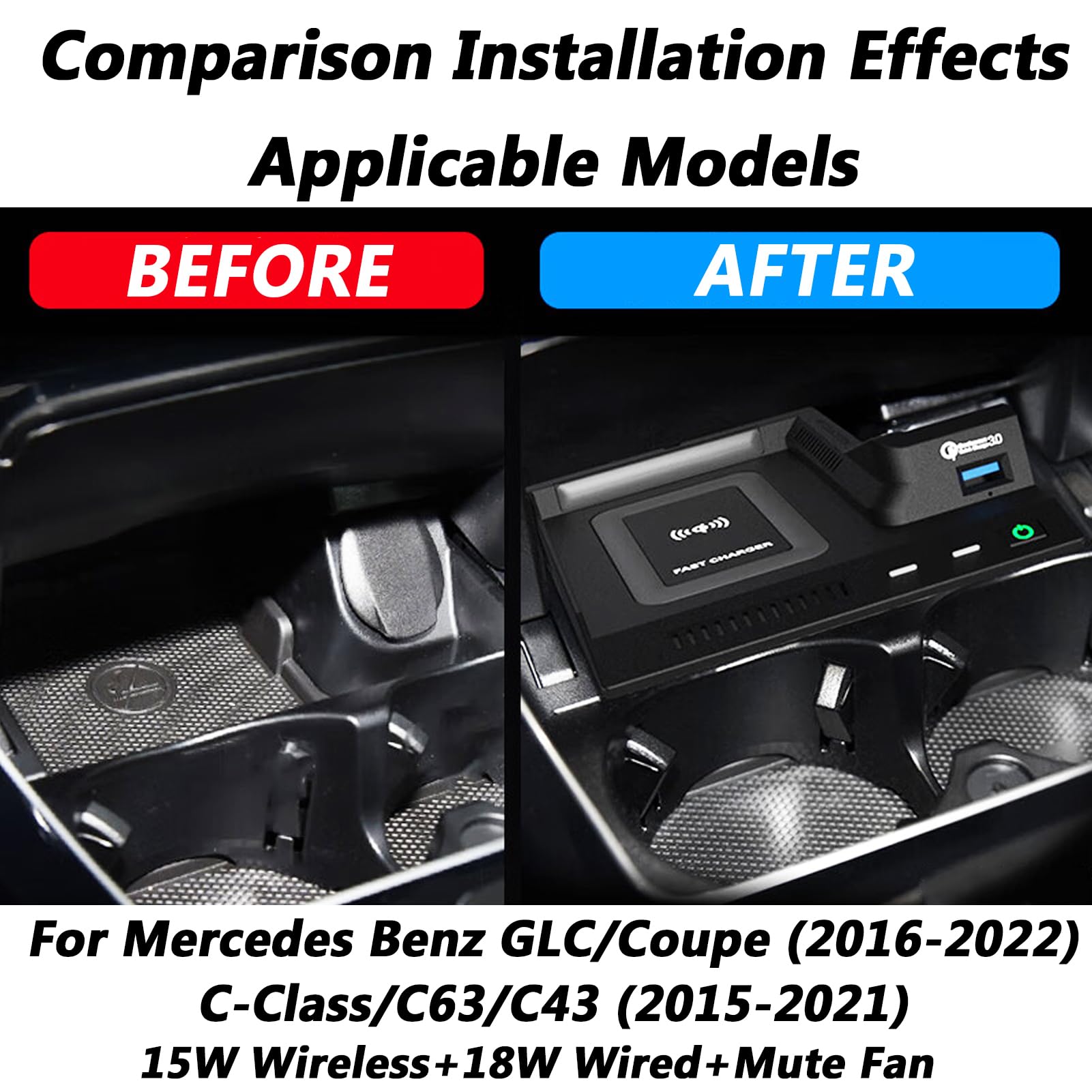 Cargador Inalámbrico para Coche para Mercedes Benz GLC/Coupé (2016-2022) 丨Clase C/C63/C43, Plataforma De Carga Rápida para Teléfono De 15 W para Cualquier Teléfono Móvil Habilitado para Qi