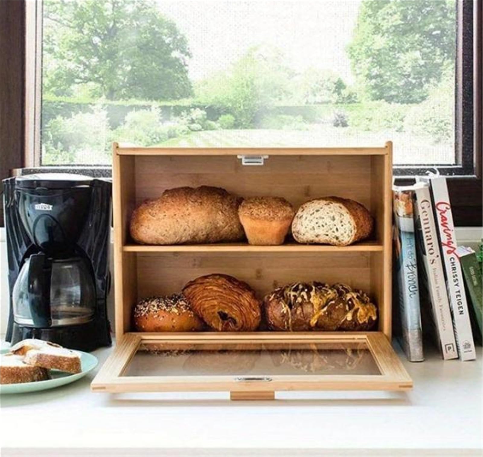 Caja De Pan Panera Para Pan Caja De Pan De Bambú, Soporte De Almacenamiento De Pan Doble, Contenedor De Pan De Gran Capacidad, Organizador De Cocina, Caja De Pan De 2 Capas Caja Contenedor De Pan