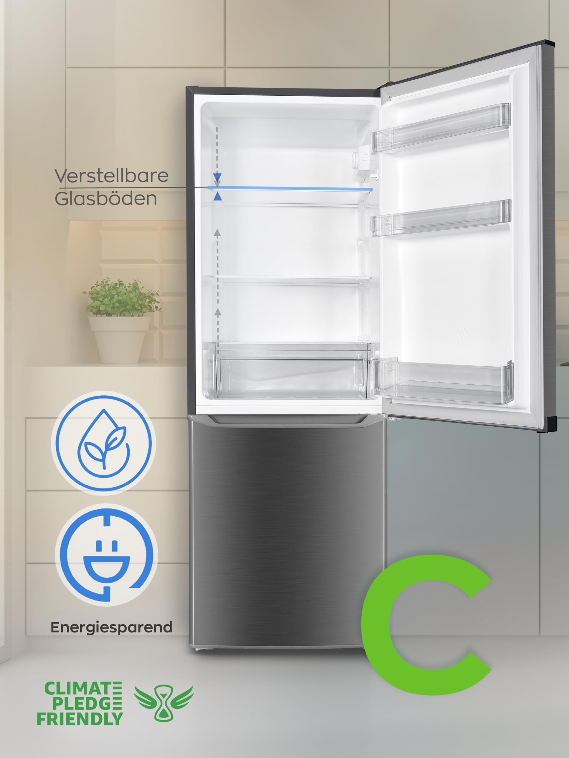 Heinrich´s Kühlgefrierkombination 173L Gesamtvolumen, 121L Kühlvolumen, 52L Gefriervolumen, LED Beleuchtung,Türanschlag wechselbar, leise 40dB, große Tiefkühlboxen, 7Temperaturstufen,inox