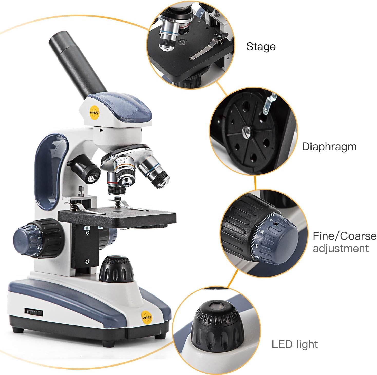 Swift Microscopio monocular Compuesto SW200DL con Aumento de 40X-1000X, luz Dual, Enfoque Fino de precisión, Ocular de Campo Ancho 25X y Capacidad inalámbrica para Estudiantes Principiantes