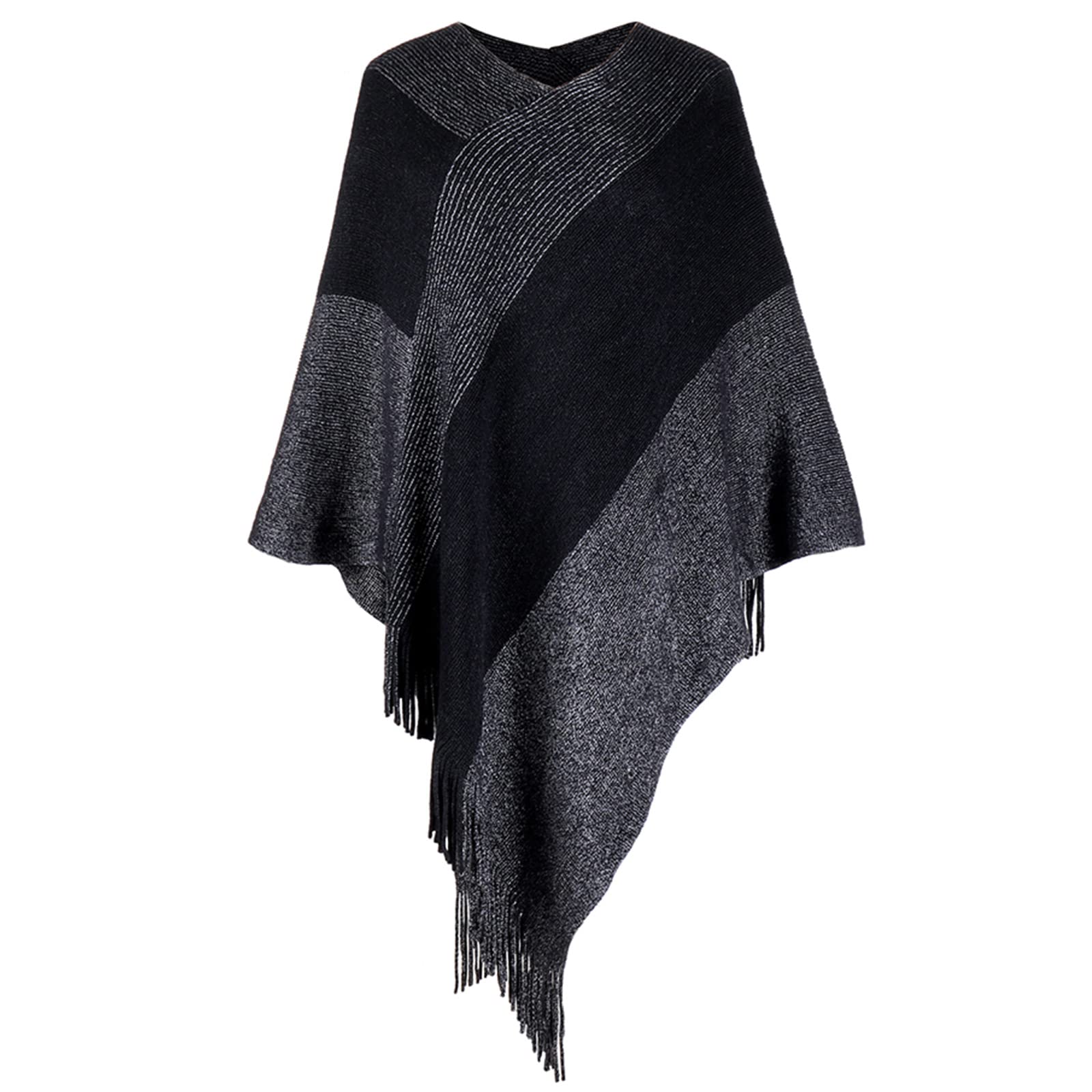 Womens Poncho Sweater V Neck Striped Pullover Soft Scarf Wrap Cape with Fringes