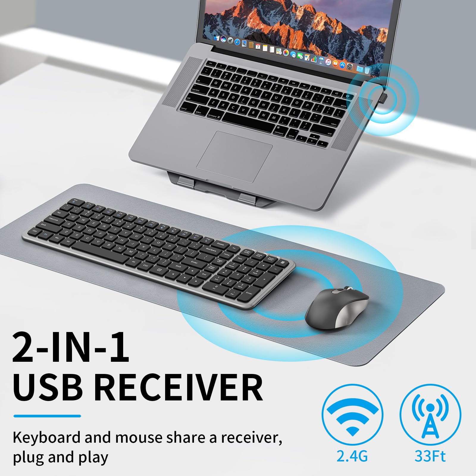 Leise Tastatur und Maus, kabellose Computertastatur in voller Größe mit Taschenrechner-Taste, 2400 DPI Maus, leises Klicken, ultradünnes kabelloses USB-Kit für Laptops, Windows, Mac, Grau