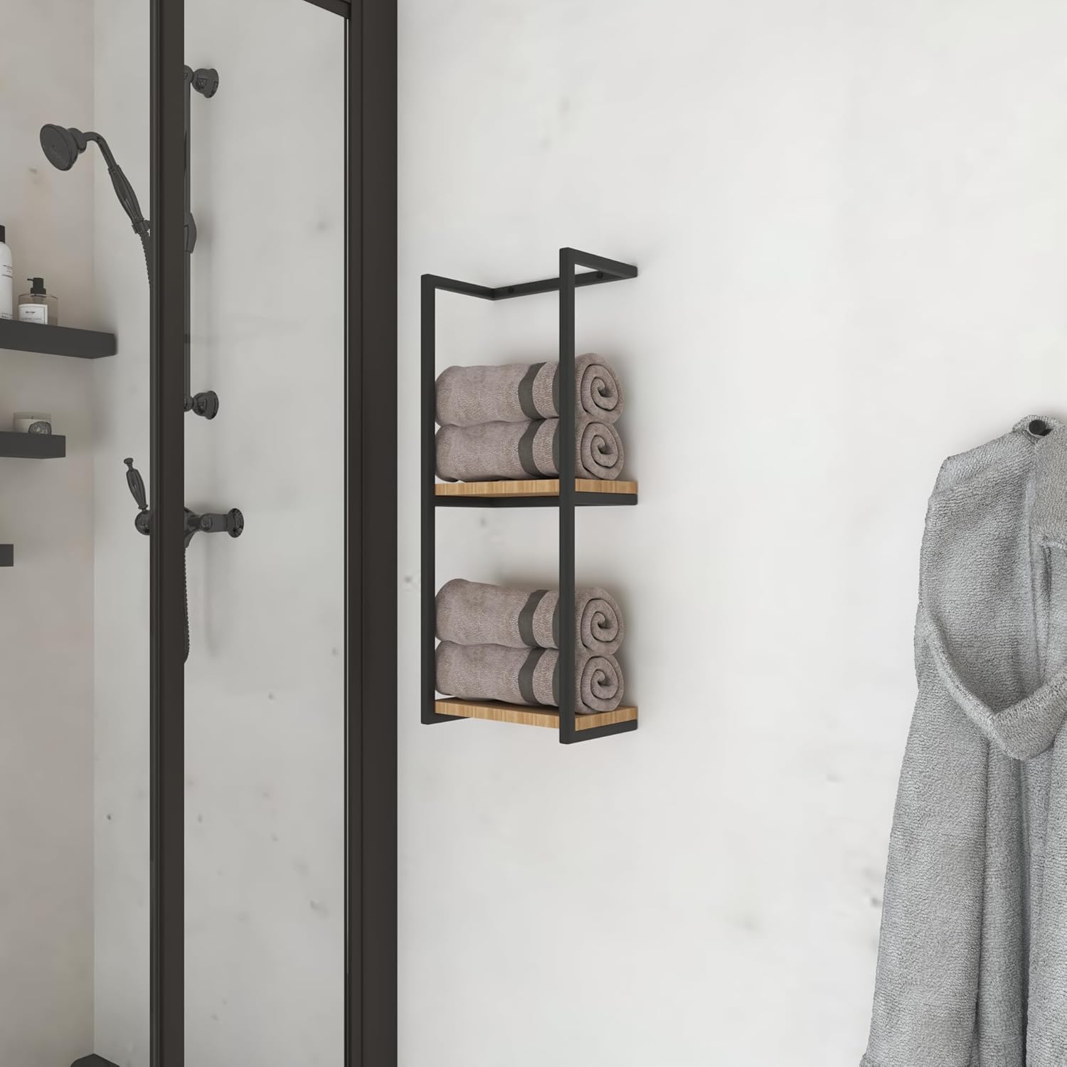 2-Tier Bathroom Shelf, Wall Mounted Storage for Towels and Blankets, Wood and Metal Frame, Anti-Rust Rustic Towel Rack with Shelf for Toiletries, Bathroom, Bedroom, and Potted Plants (Large)