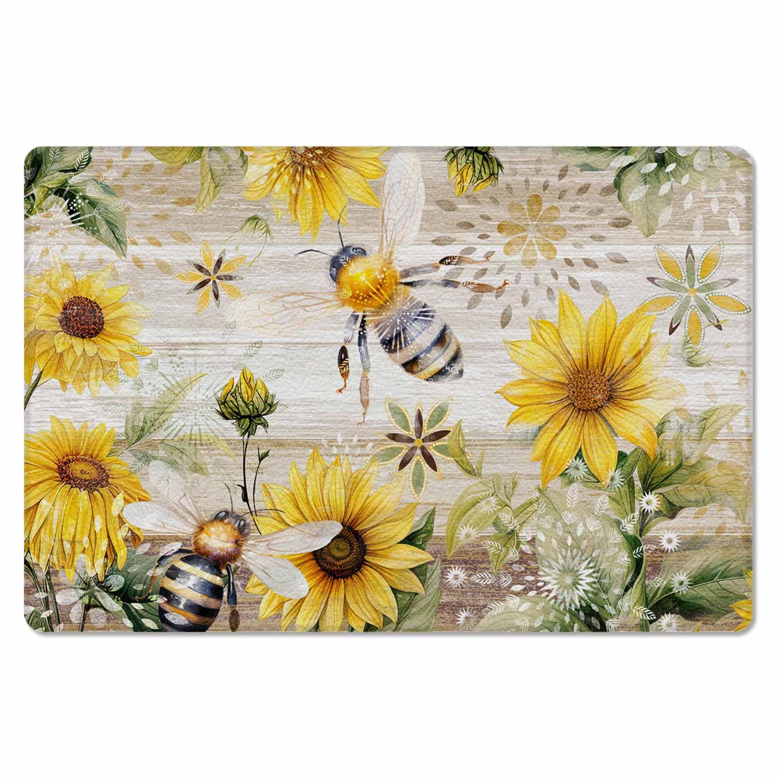 Bee Floral Antifatigue Kitchen Bath Door Mat Cushioned Runner Rug,Washable Welcome Floor Sink Mat,Waterproof & Non-Slip Standing Doormat for Kitchen,Retro Sunflower Spring Summer Country Wood 24