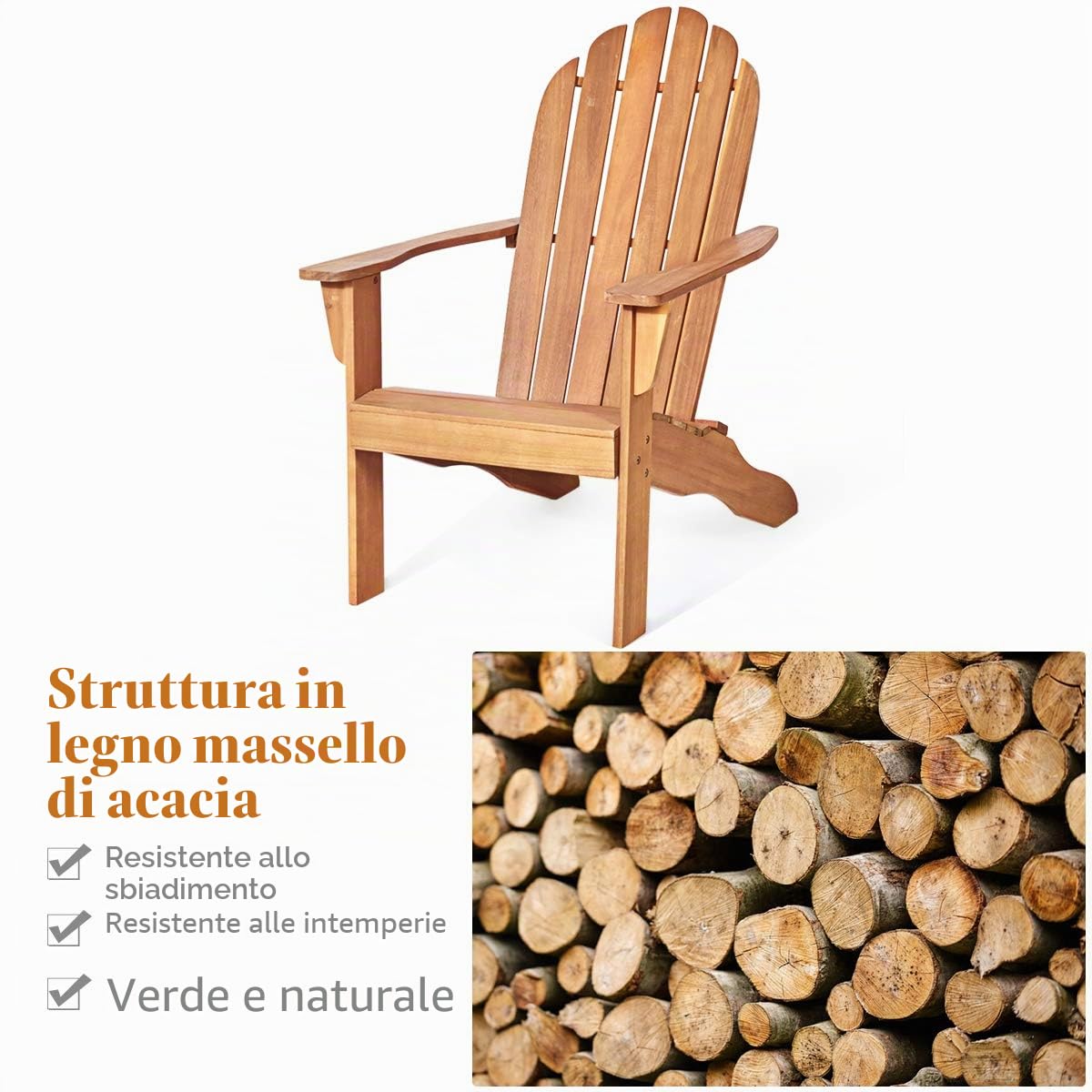 KOMFOTTEU Adirondack - Sedia da giardino in legno di acacia con schienale e braccioli, ergonomica, in legno, fino a 160 kg, per balcone, giardino, spiaggia (naturale)