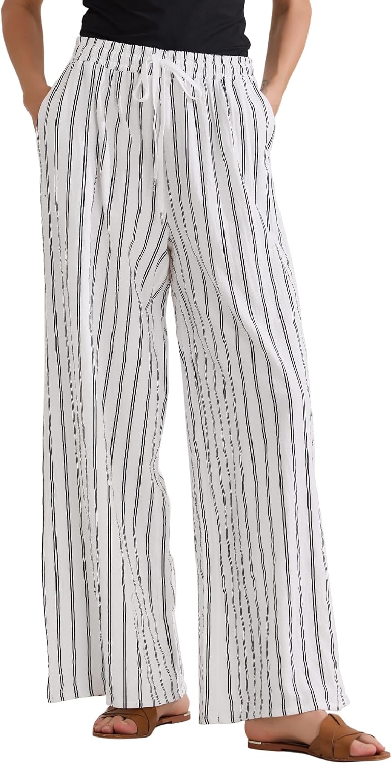 Allegra K Women's Casual Drawstring Stripe Pants Wide Leg High Waist Cotton Loose Pants