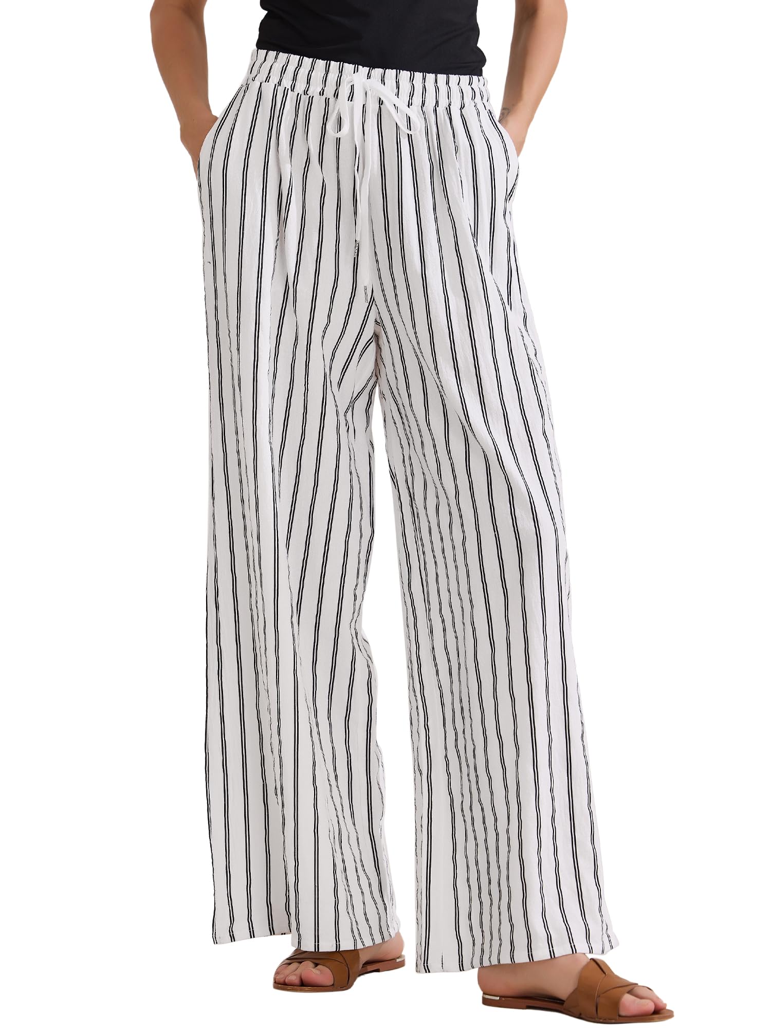 Allegra K Womens Casual Drawstring Stripe Pants Wide Leg High Waist Cotton Loose Pants