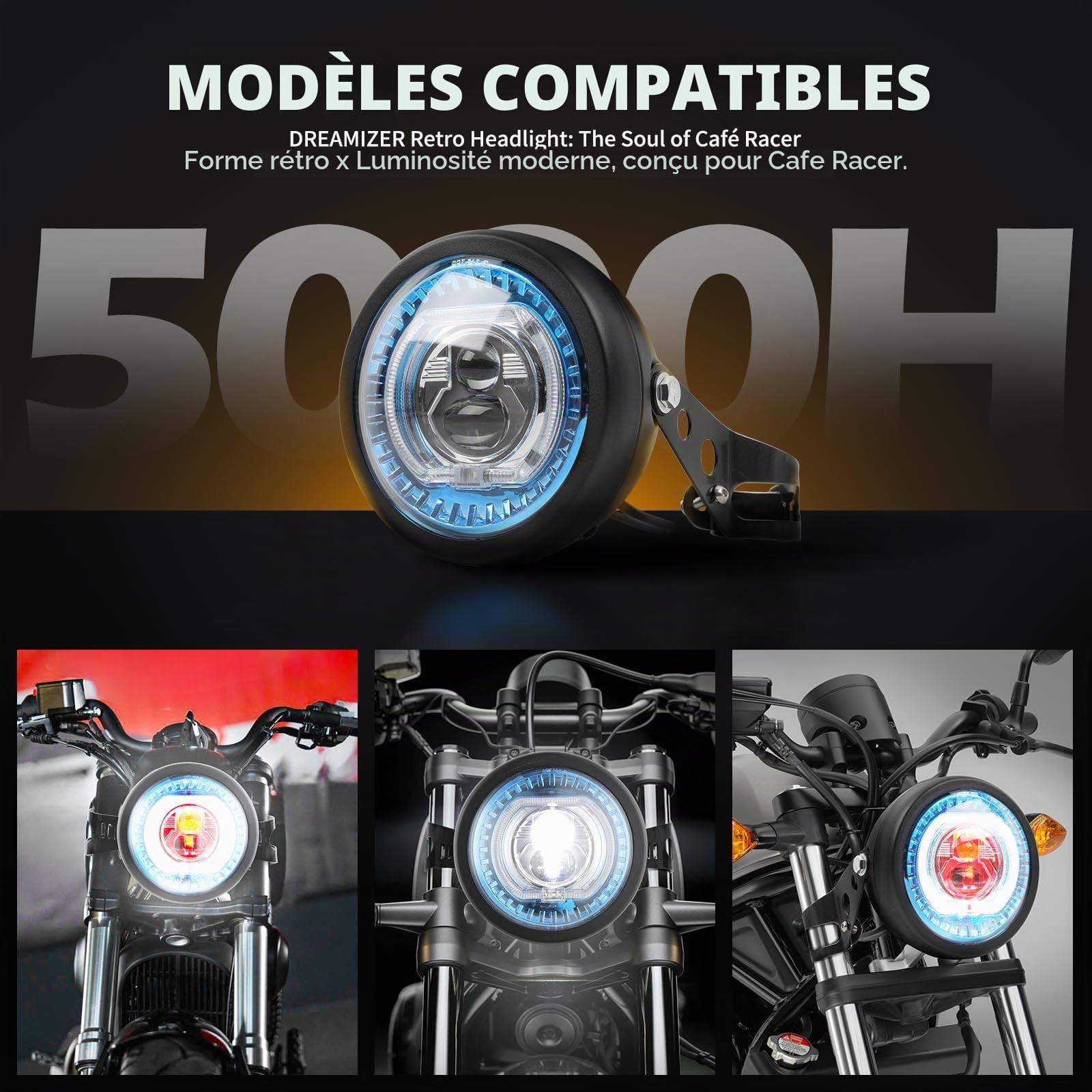 DREAMIZER Phare LED Moto 5,75 Pouces avec Supports, Éclairage Universel et Étanche Compatible avec Harley Yamaha Honda Kawasaki Cafe Racer Bobber Chopper