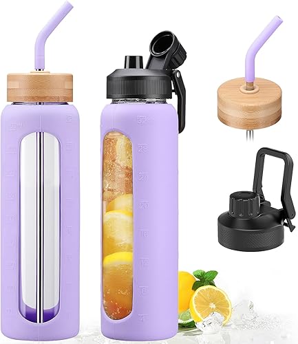 Miniatura 17 de Botella de agua de vidrio de 32 onzas con popote y 2 tapas, bambú y tapa de boquilla, botella de agua deportiva motivacional con funda de silicona y
