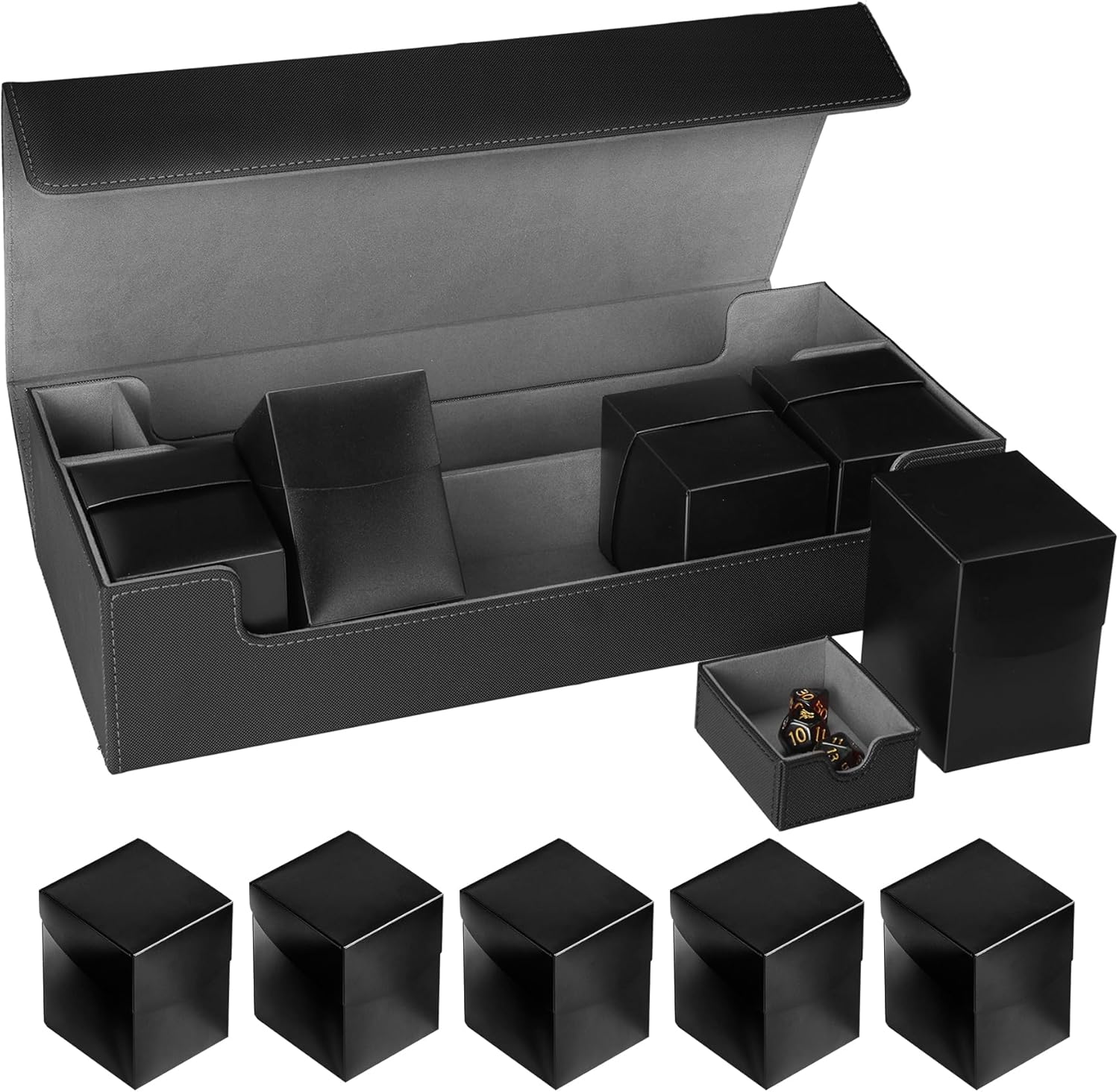 MTG Card Storage Box - Includes 5 Small Deck Boxes, Holds 1800+ Sleeved Cards, Comes with Playmat Case and Strong Magnetic Closure (800+ Includes 5 - Black)