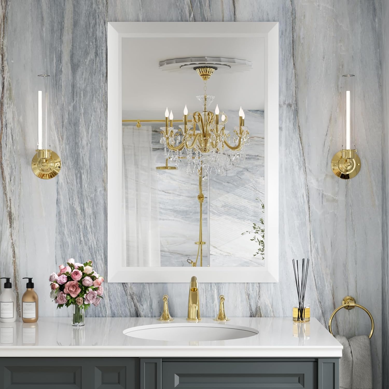 Amorho Bathroom Mirror, 24x36 Inch White Thick Metal Framed Wall Mirrors for Over Sink, Bedroom, Living Room, Entryway, Rectangle Wall-Mounted Mirrors(Horizontal/Vertical). White 36"L x 24"W
