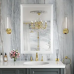 Amorho Bathroom Mirror, 24x36 Inch White Thick Metal Framed Wall Mirrors for Over Sink, Bedroom, Living Room, Entryway, Rectangle Wall-Mounted Mirrors(Horizontal/Vertical).