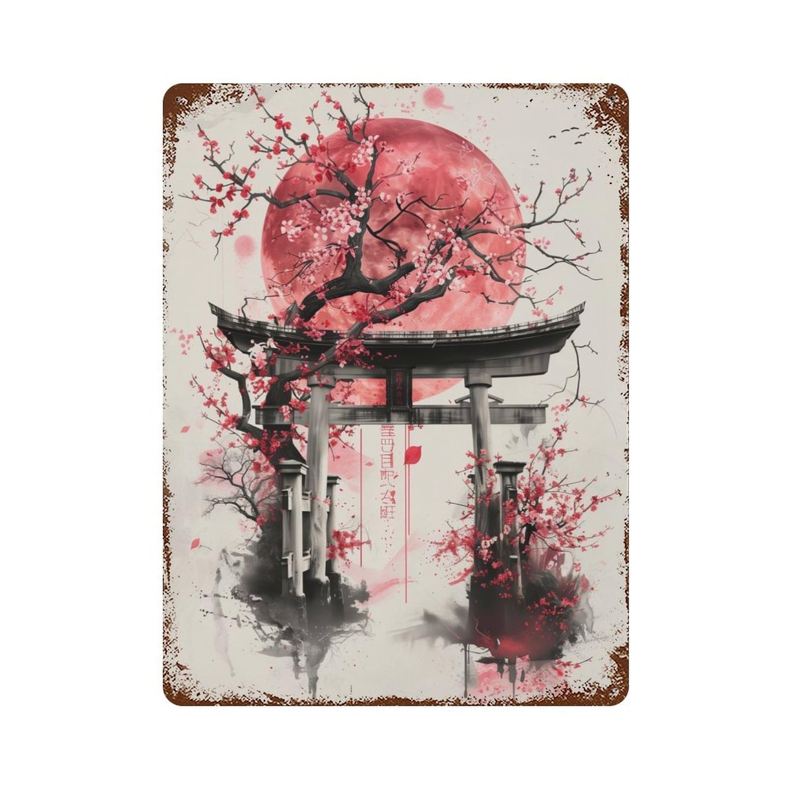 Garage Style Torii Gate Sakura Rust Effect Tin Sign 15.7"x11.8", Industrial Home Decor for Bar And Workshop