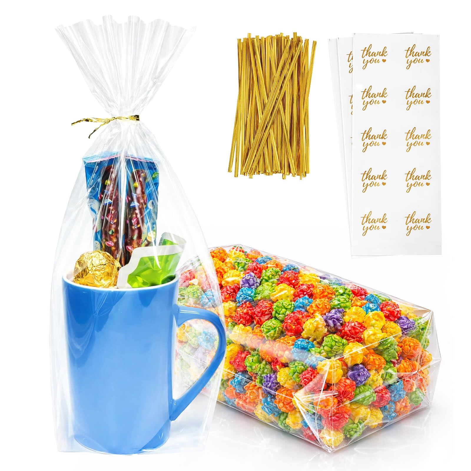 Cherodada 8"x 11" (100 pcs) Bottom Gusset Bags, Cellophane Bags with Twist Ties and Thank You Sticker for Gift Wrapping, Popcorn, Wrapping Candies,