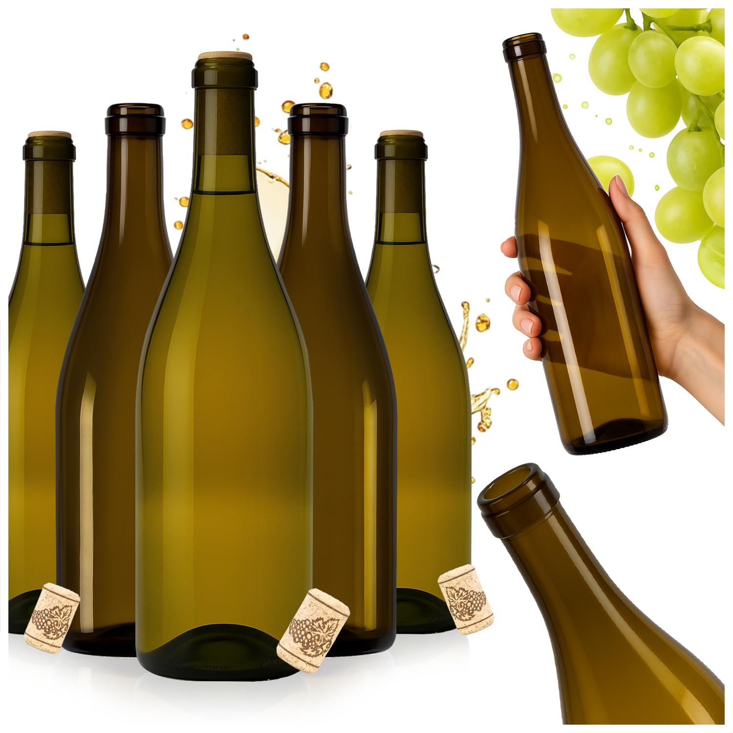 15 pièces Bouteille en verre vide Burgundy 750 ml en verre brun avec bouchon aggloméré – bouteille de vin vide idéale pour le vin, les liqueurs, le cidre, les jus et les spiritueux