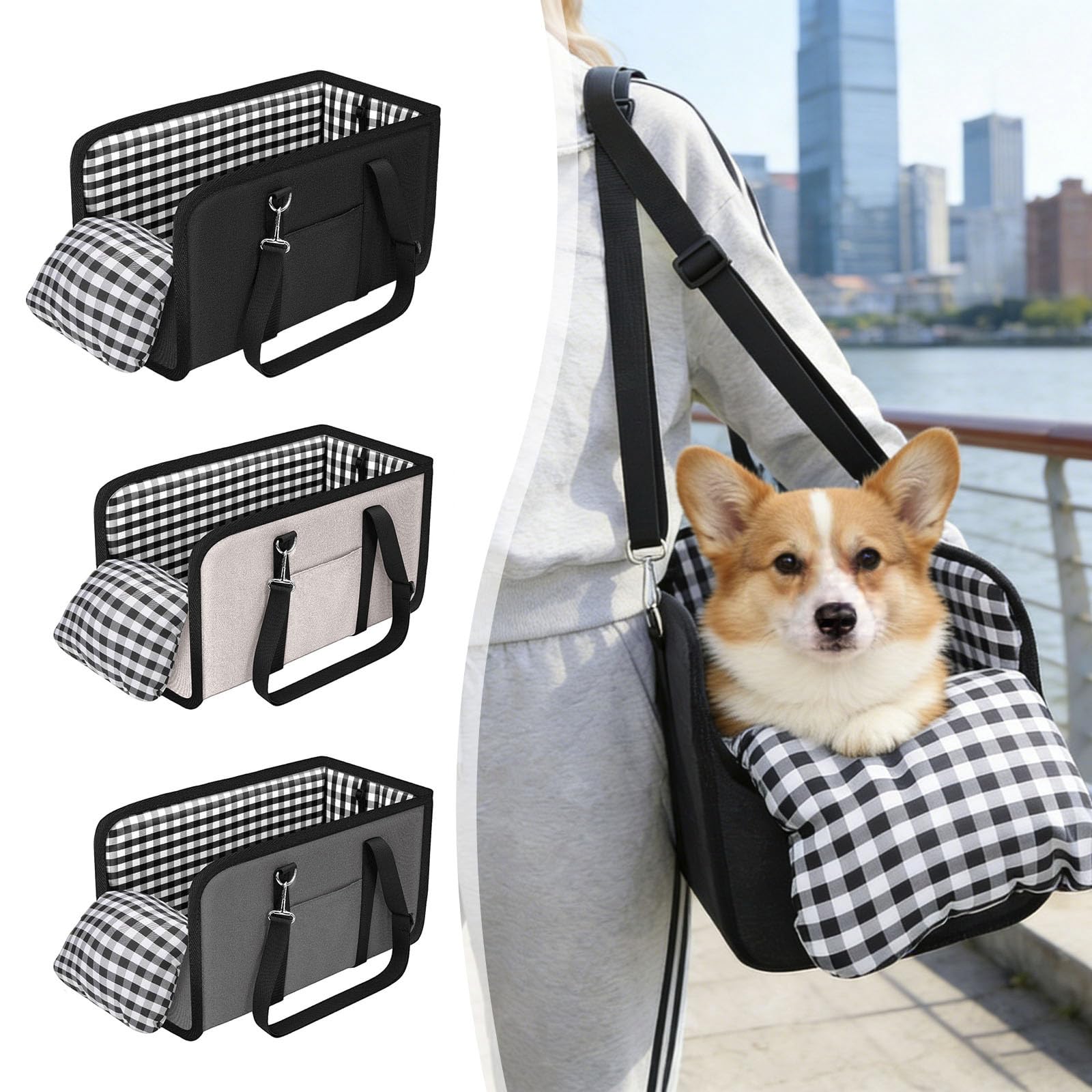 Siège auto pour petits chiens et chats, sûr sur le siège arrière, siège passager et console centrale, avec double fixation, pliable et portable, avec couvercle, lavable et installation facile, noir