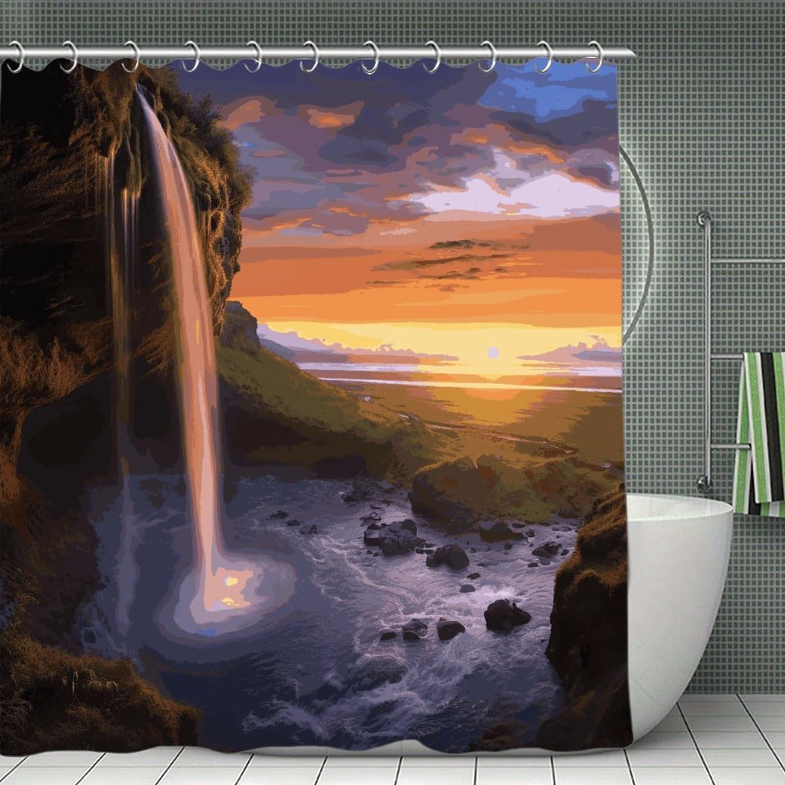 VstaDank Waterfall at Sunset Shower Curtain 71x71 Heavy Duty Polyester Cloth Bath Curtain with Hooks Thick Waterproof Shower Liner Fun Magic Decorative Bathroom Curtains for Bathtub