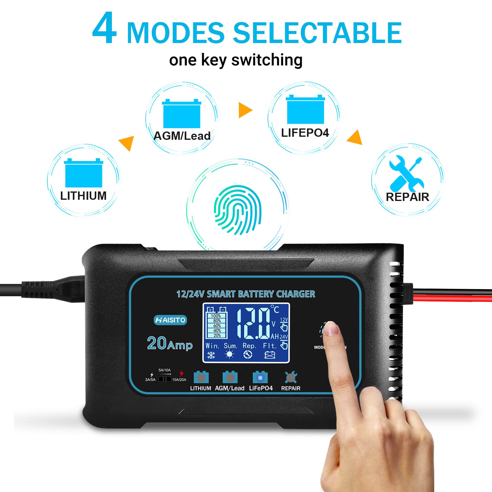 Battery Charger 0-20A 12V/24V Lithium LiFePO4 Lead Acid Fully Automatic Battery Maintainer, Car Battery Trickle Charger Automotive Battery Repair, Winter Mode, for AGM, STD, Gel, Deep Cycle Batteries