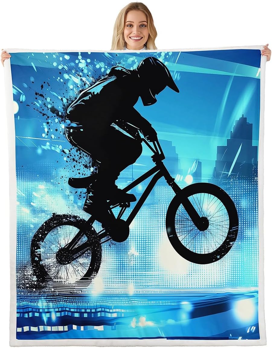 Boys Bmx Blanket Throw Bicycle Motocross Racer Sherpa Blanket Motorcycle Dirt Bike Fleece Blanket For Kids Teen Young Man Extreme Speed Sports Vehicle Fuzzy Blanket Sofa Decor Twin 60"x80" Blue Green