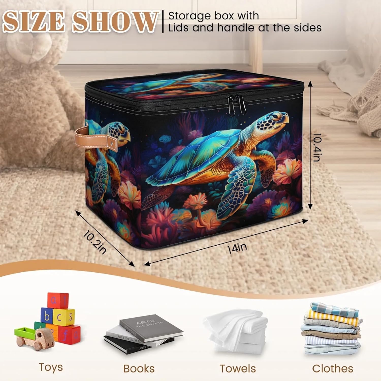 Storage Bin Set of 2 Turtle Coral Storage Basket with Zipper Lid & Handle Foldable Closet Shelf 2 Pack Cloth Organizer Basket Cube Bins Clothes Organizer for Nursery, Bedroom