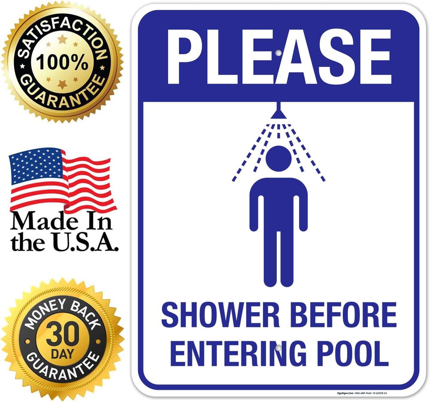 Pool Sign, Please Shower Before Entering Pool Sign, 18x24 Inches, Rust Free .063 Aluminum, Fade Resistant, Easy Mounting, Indoor/Outdoor Use, Made in USA