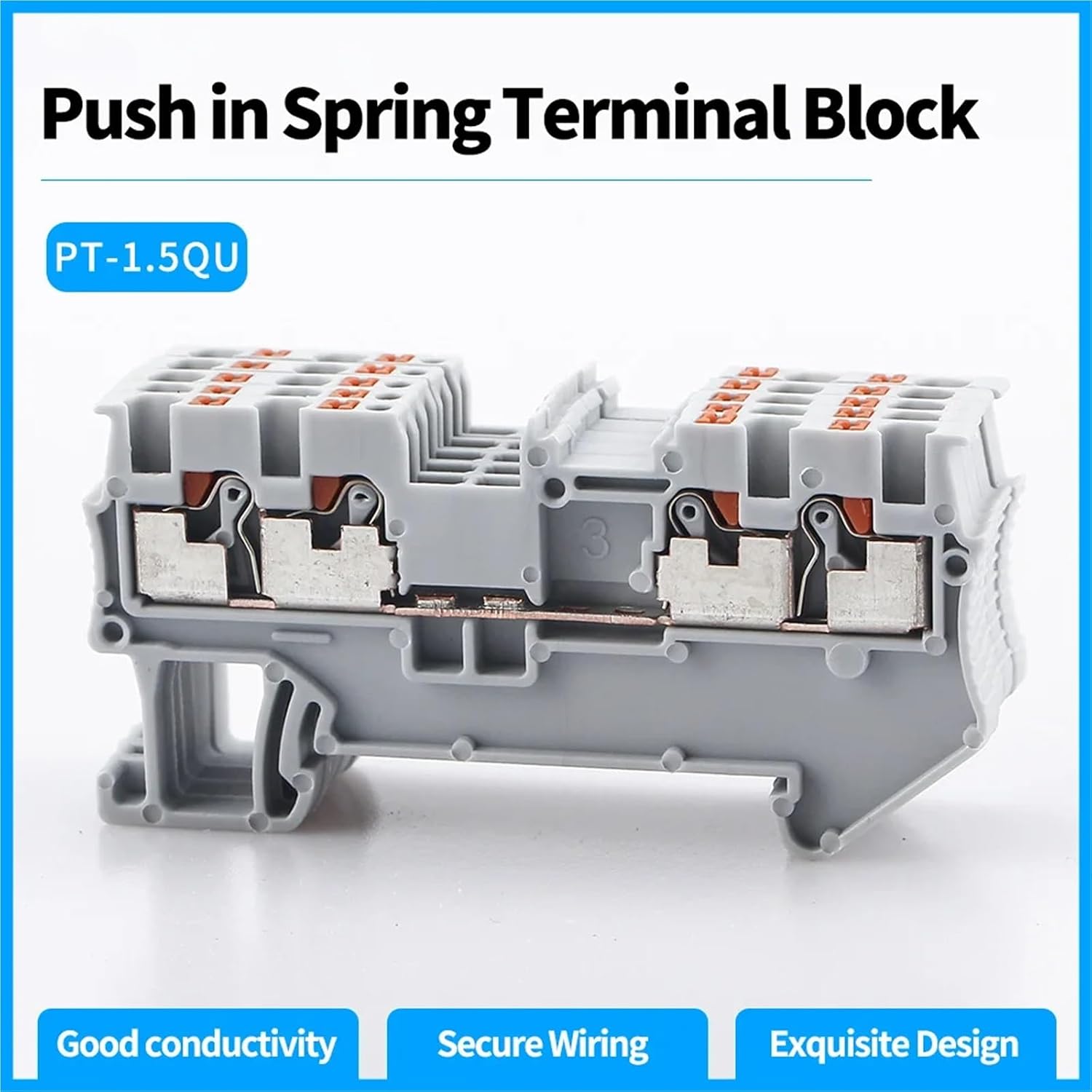 10pcs Din Rail Terminal Block PT 1.5-Quattro 4 Wire Conductor Push in Spring Screwless Contact Feed Through Wire Connectors(Blue)