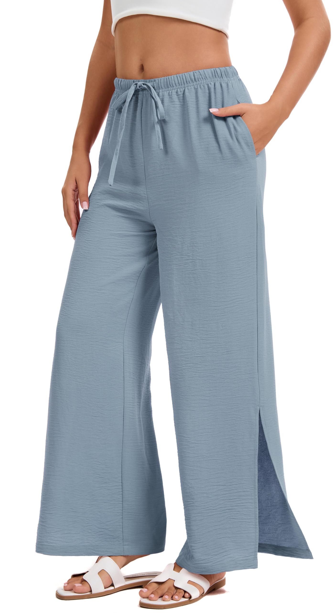 WUWUSK Yoga Stoffhose Damen Leichtweite Palazzo Hose High Waiste Strandhose Mit Kordelzug