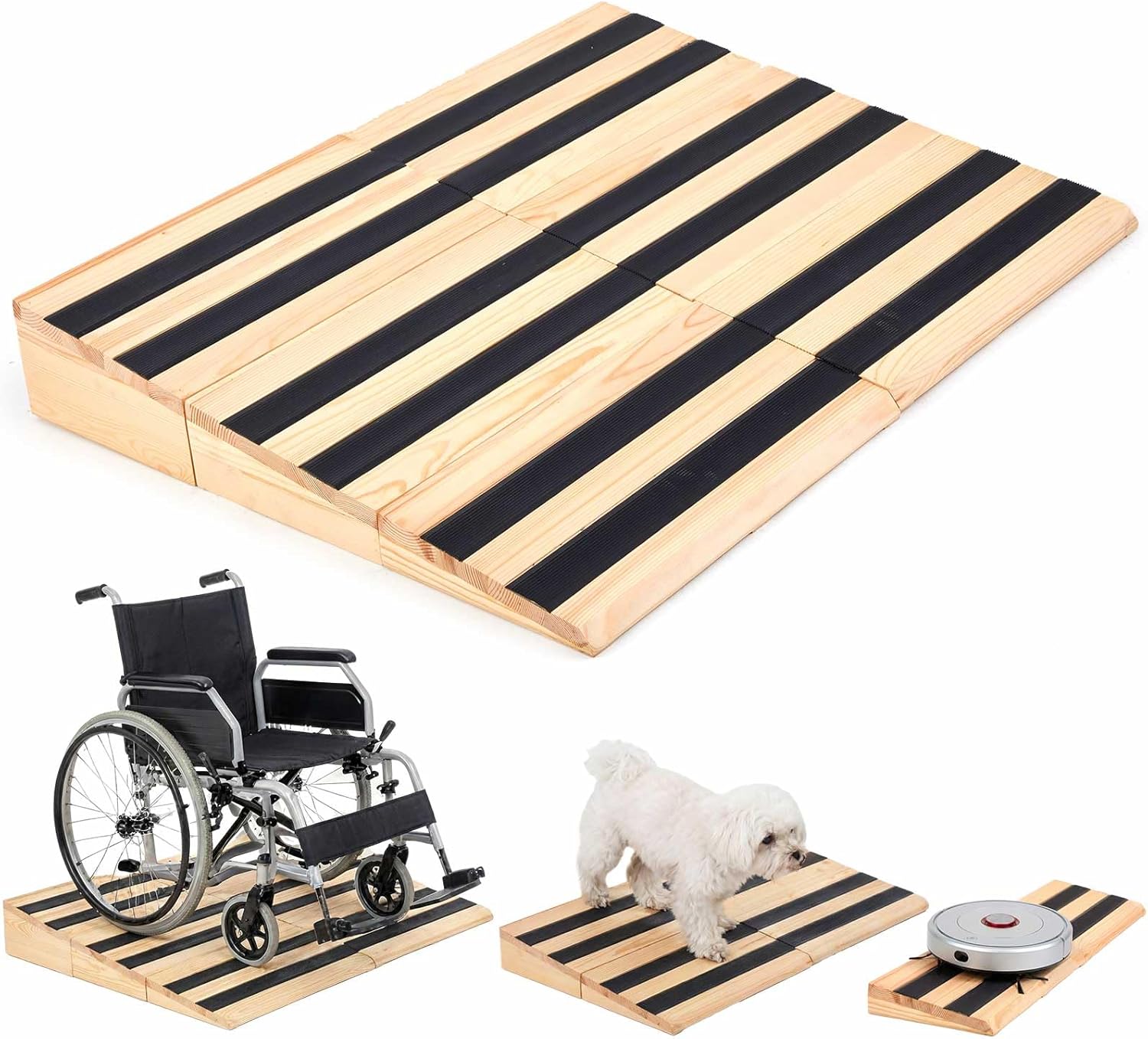 2" 3" 5" Rise Wooden Threshold Ramp for Home Steps, 35.4" x 27.9" Front Door Entry Ramp with Non-Slip Stripes Six-Section Splicing Adjustable Size for Wheelchair Doorways Cart Scooter, 800lbs