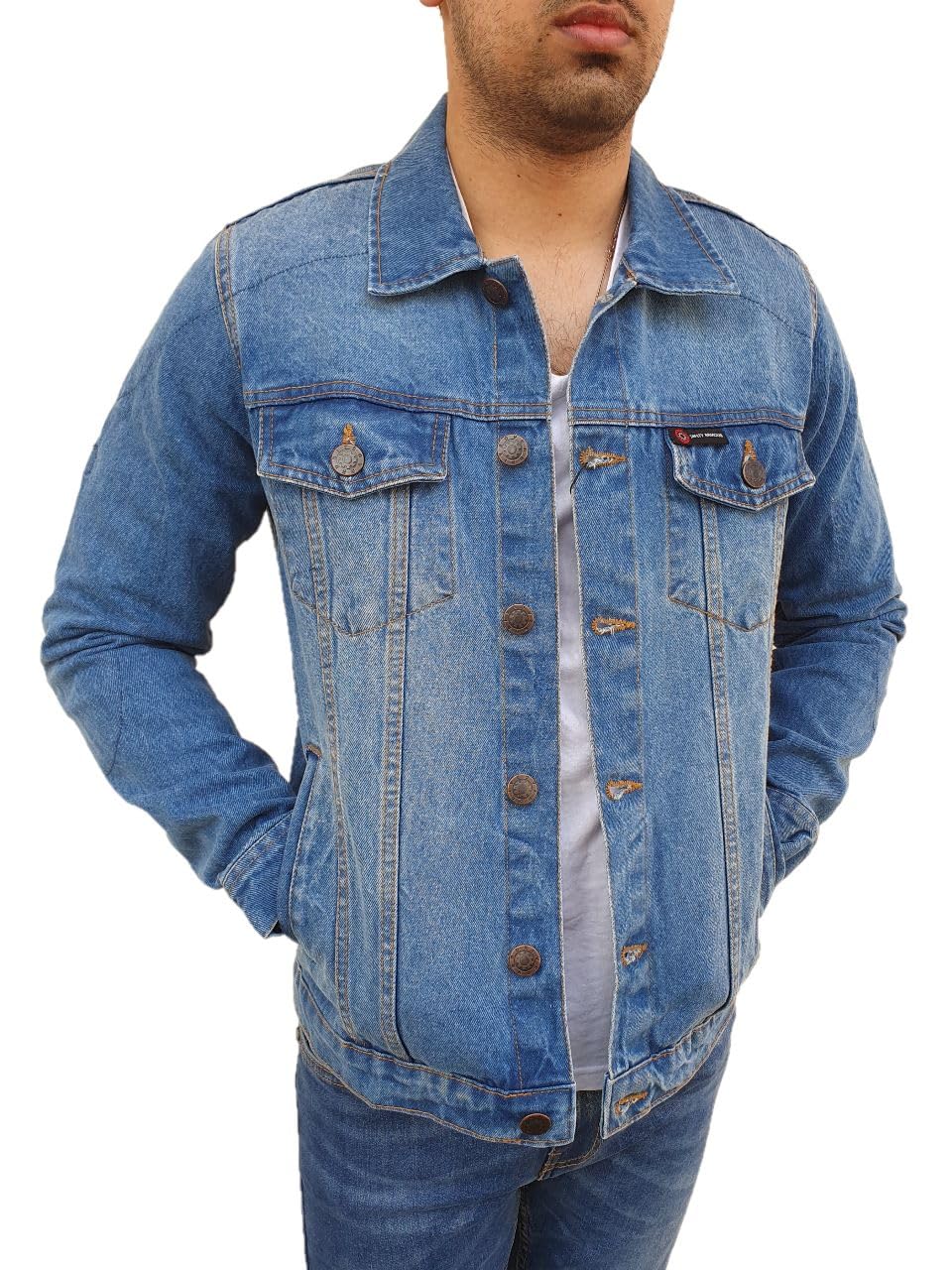 Overdrive Men's Denim Biker Trucker Jacket CE Armored Protective Foam Pads Blue Jeans Fabric with 2 Gun Pockets Medium
