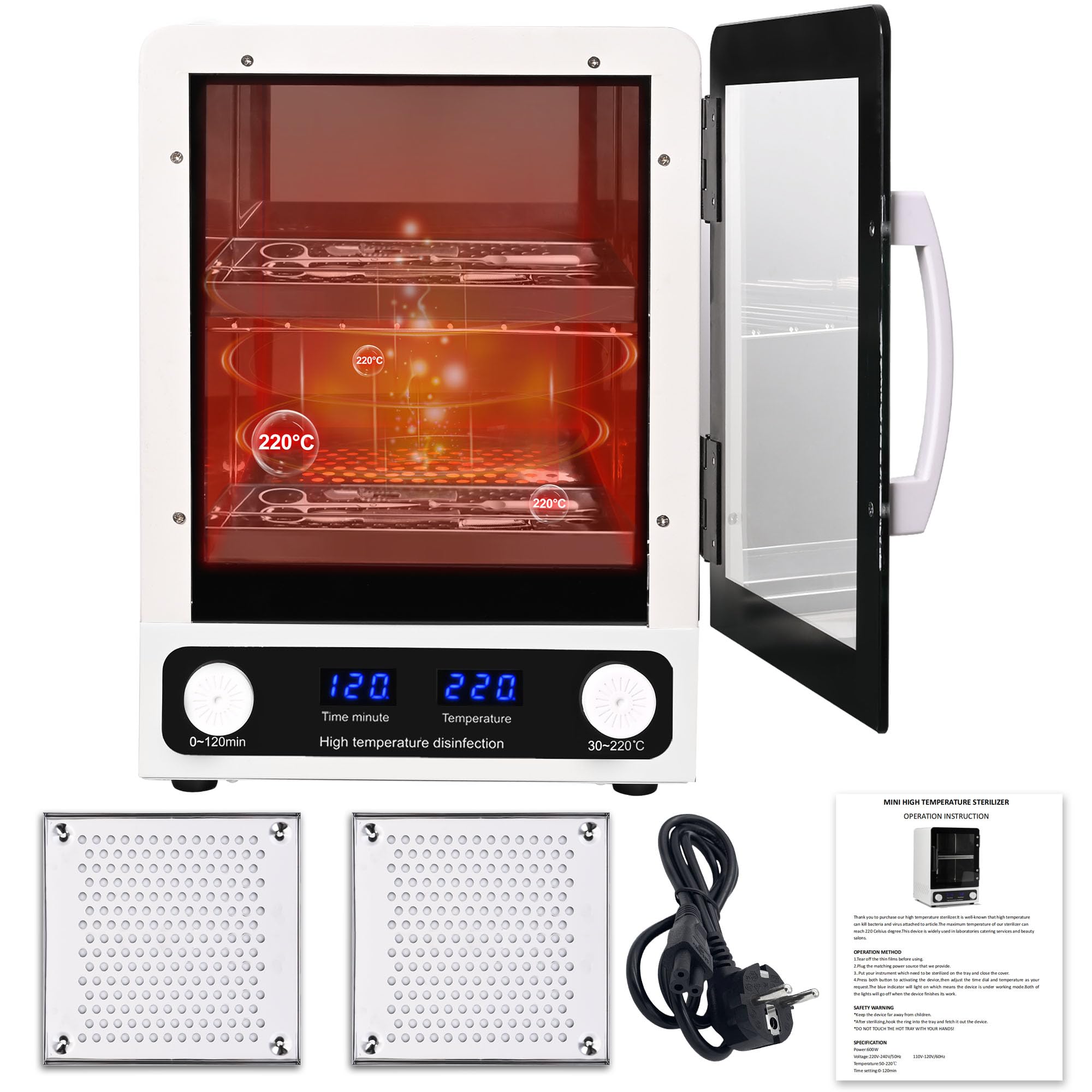 Sterilizzatore ad alta pressione 12 L, sterilizzatore ad aria calda 600 W a calore secco, display temperatura LED, per saloni manicure, pedicura, centri estetici e studi tatuaggi