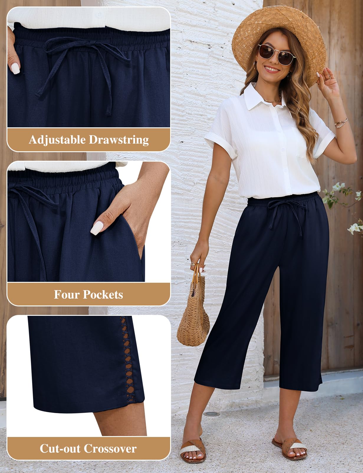 Voqeen Pantalon Lino Mujer Cintura Elástica con Cordón Pantalones Anchos 3/4 Pantalon Fluido con Bolsillos Pantalones Palazzo Casuales Pantalones Cortos De Playa De Verano