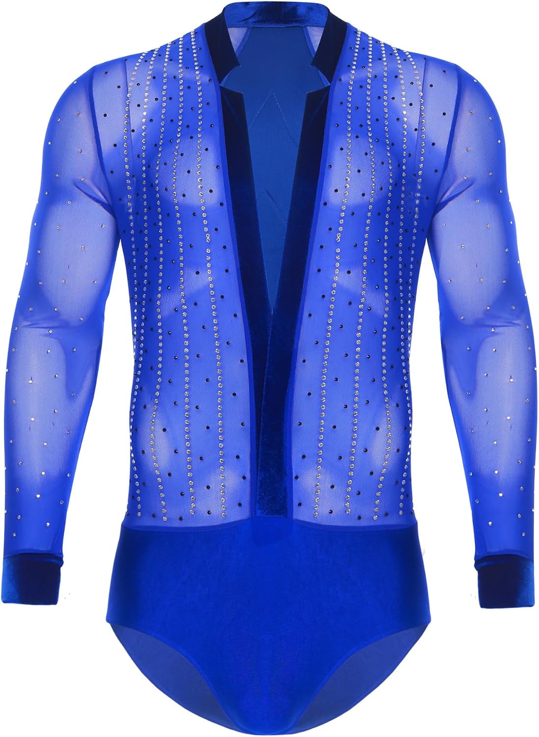 JEYPINMI Men's Lyrical Latin Dance Leotard Rhinestone Deep V Collar Gymnastic Unitard Mesh Sequin Bodysuit