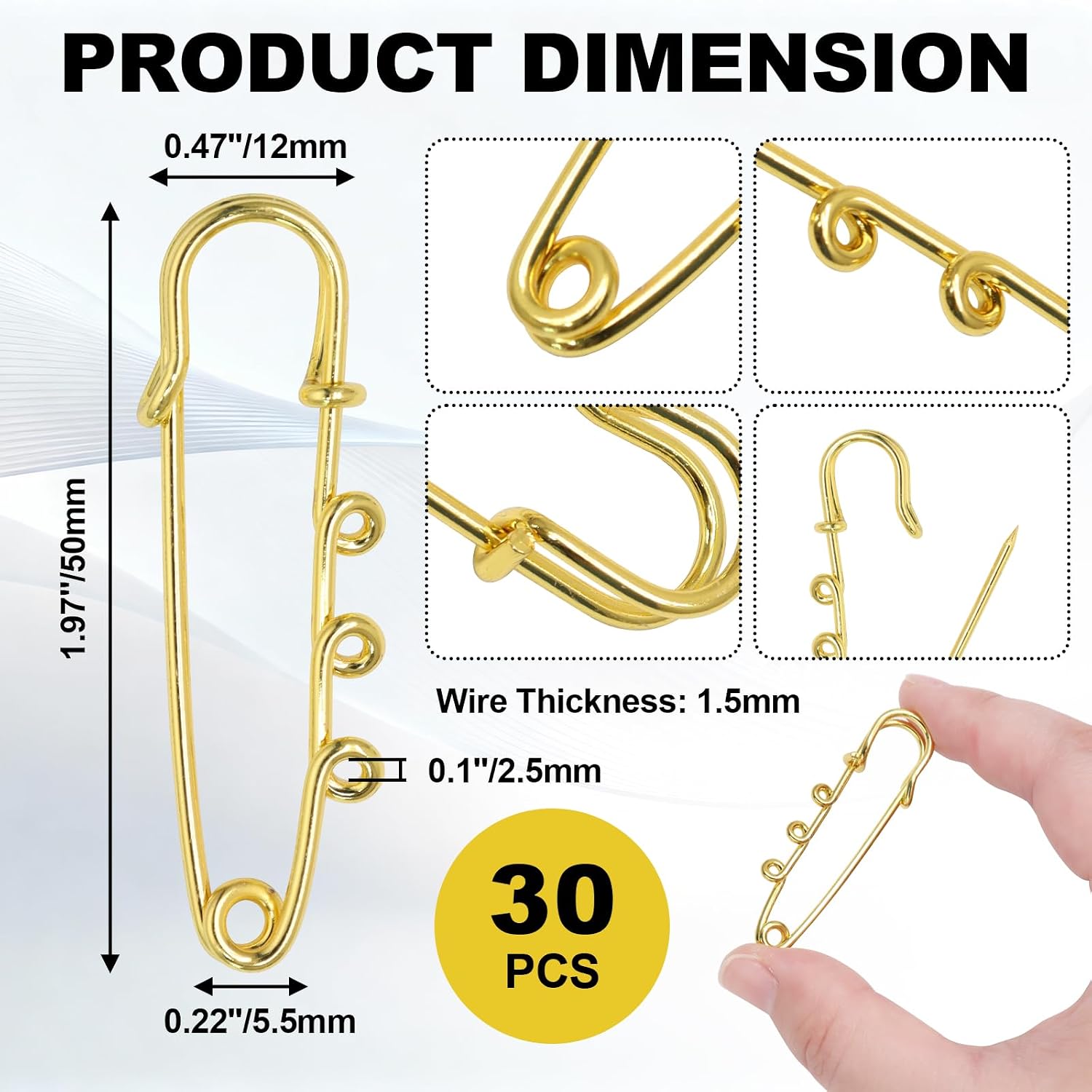 30pcs Heavy-Duty Safety Pins with 3-Loop, 50mm Decorative Brooch Pins for Kilt, Blankets, Clothing & DIY Crafts Charms, Gold