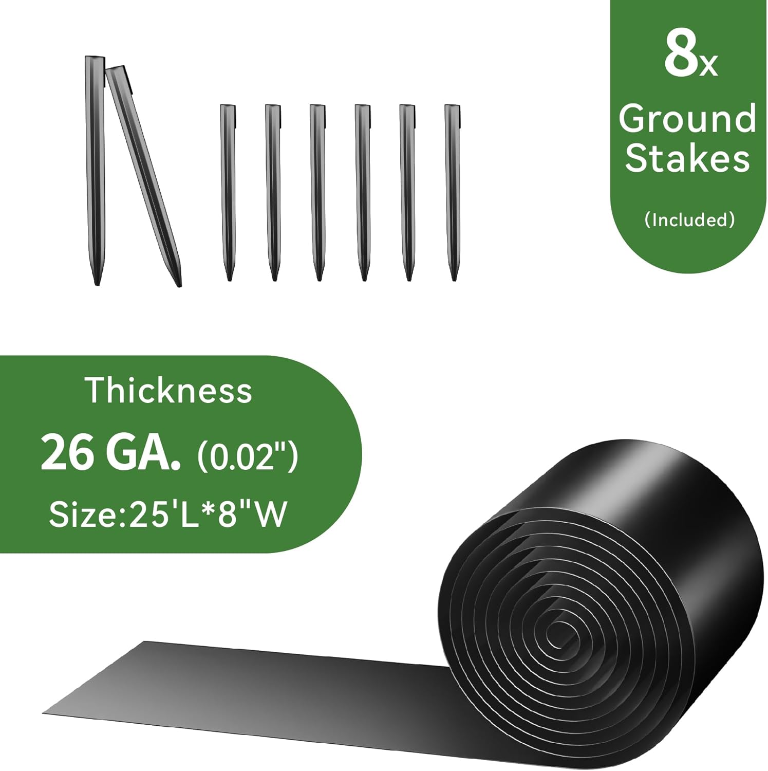 Worth Galvanized Steel Landscape Edging Roll, Flexible Metal Garden Border Fence with 8 Stakes for Lawn, Flower Bed, Yard, 8 Inch x 25 Foot, Black
