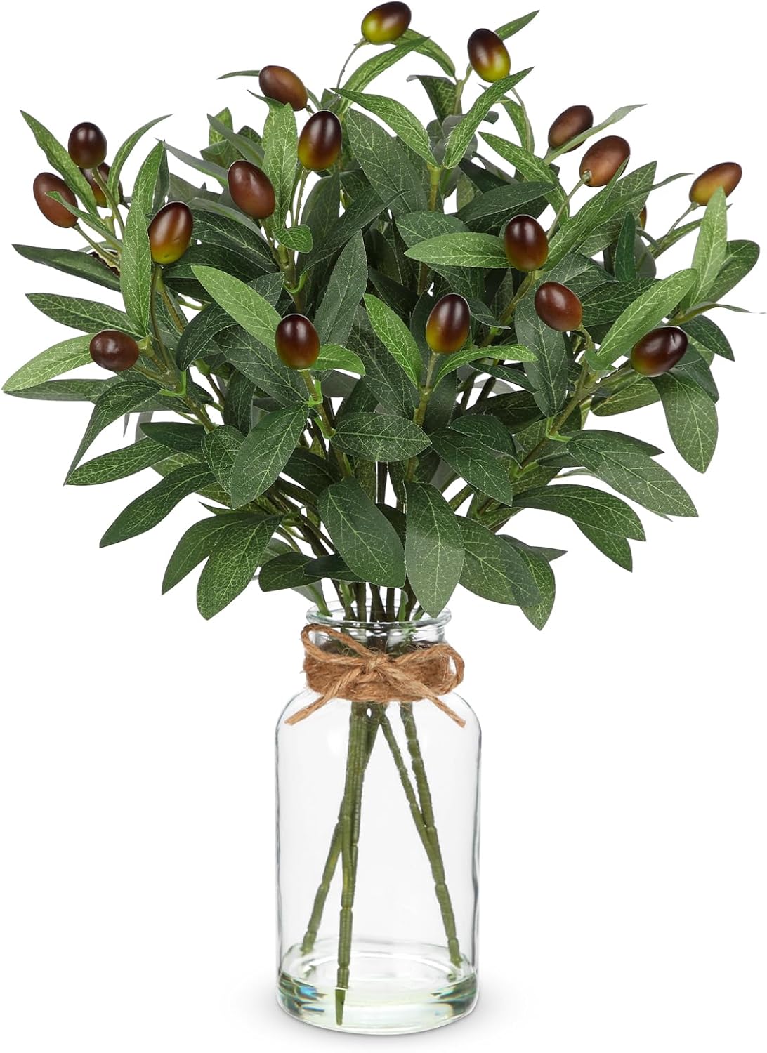 Hollyone Artificial Olive Branch in Glass Vase with Faux Water 15.7″ Fake Plants Olive Leaves Stems for Indoor Shelf Desk Home Bathroom Wedding Table Centerpiece Decor